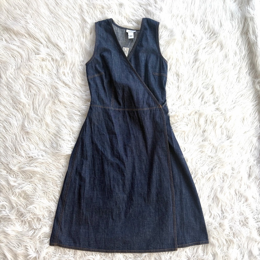 LOFT Dark Blue Denim Sleeveless V neck Wrap Midi Dress Size 8 NWT - Picture 9 of 9